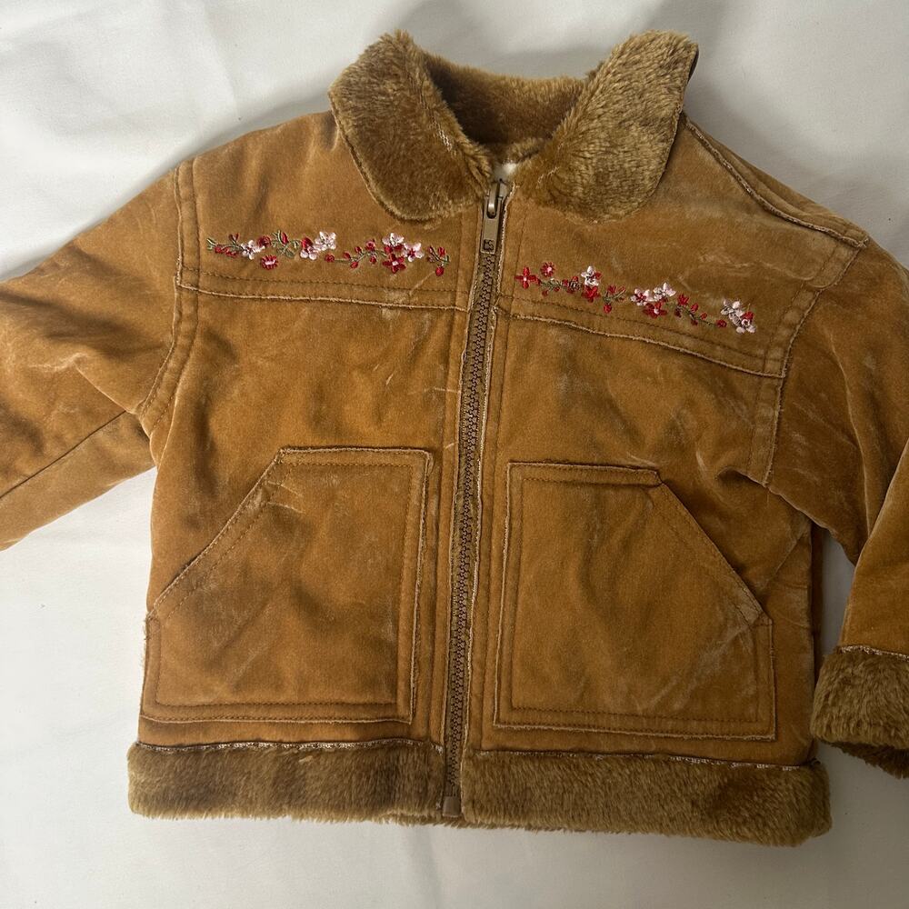Vintage B.T. Kids Floral Embroidered Brown Faux Fur Suede Jacket / Coat Sz 18 mo - Picture 3 of 9